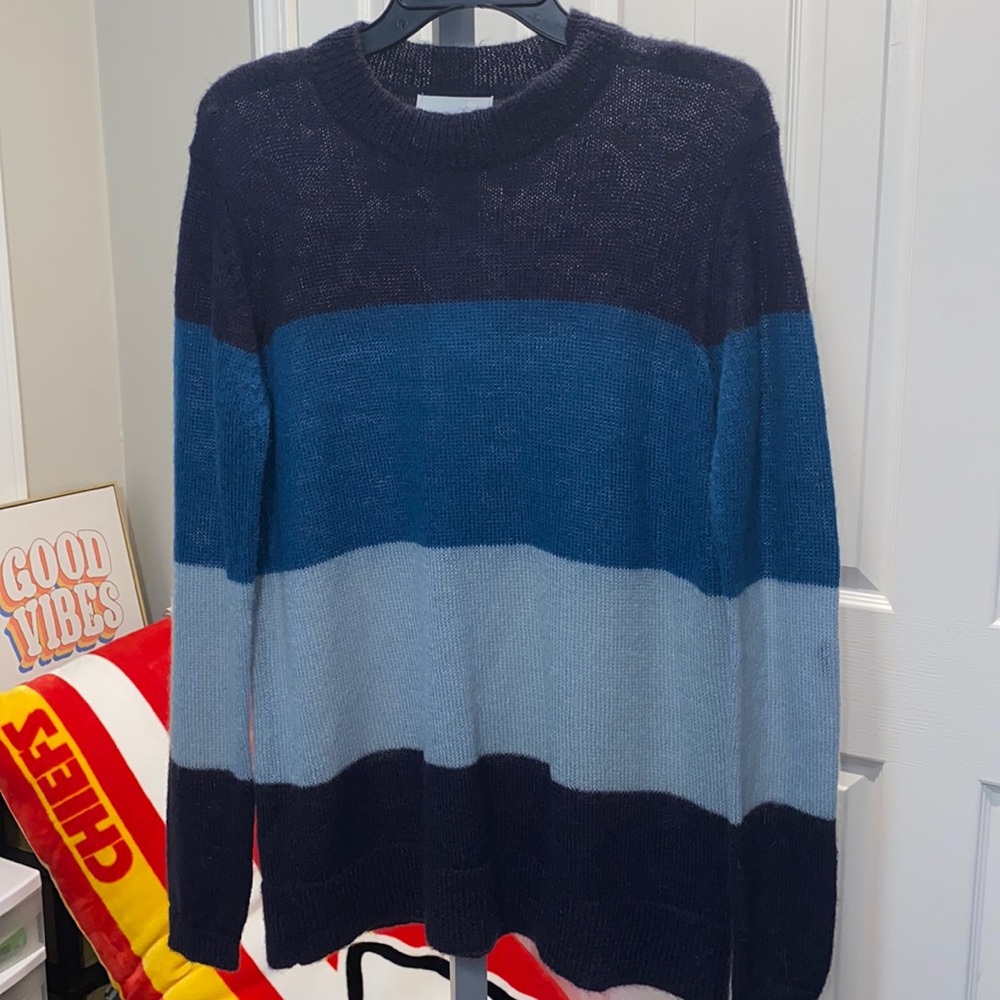 JUST Female brand, sz L,  long-sleeved multi-colored blue striped sweater